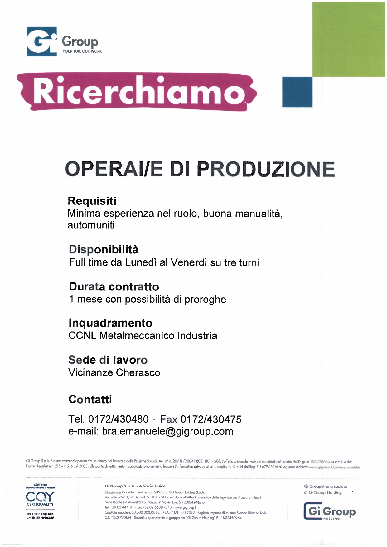GIGROUP – SI RICERCANO OPERAI DI PRODUZIONE