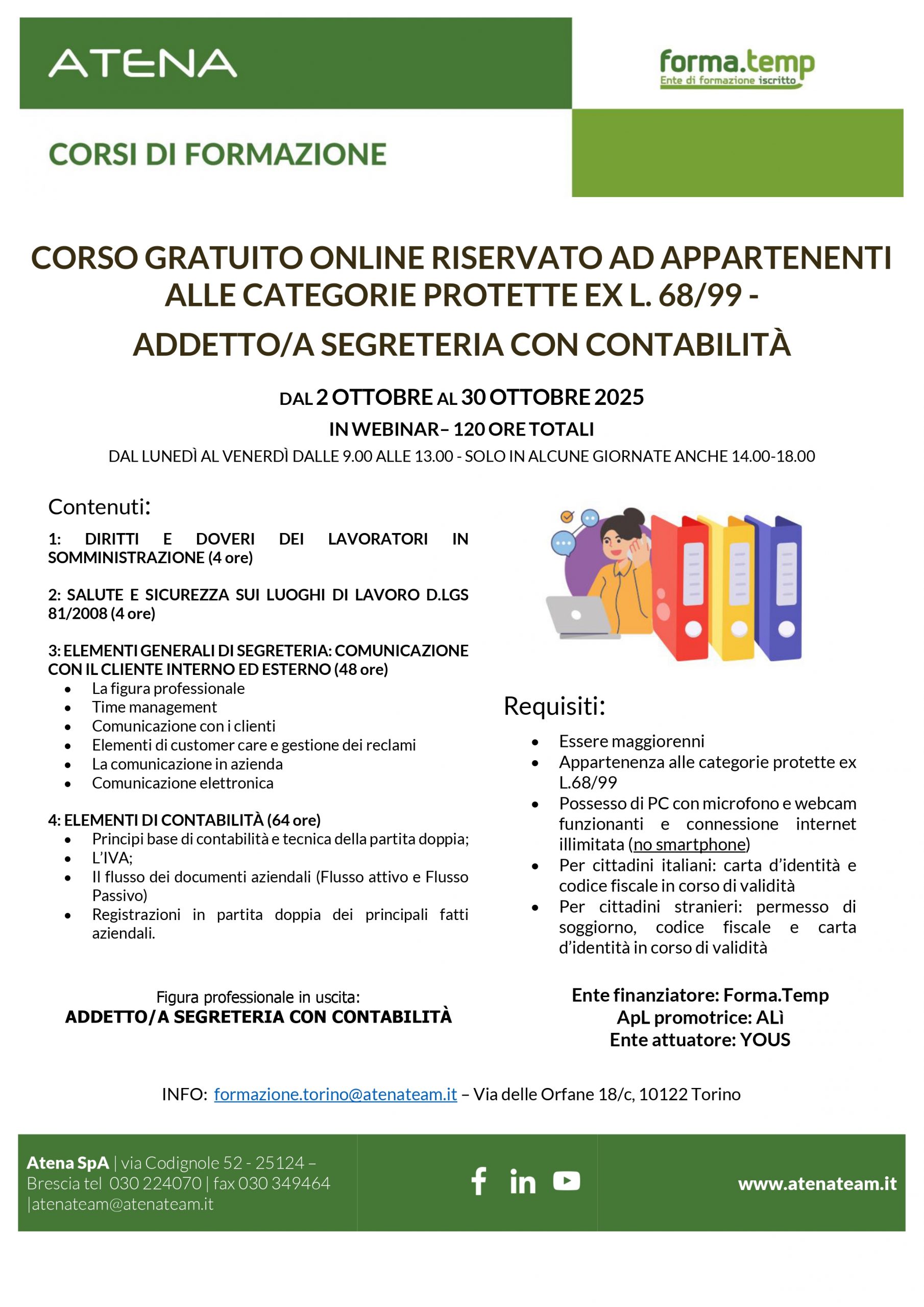 👉👉 CORSO GRATUITO ONLINE RISERVATO AD APPARTENENTI ALLE CATEGORIE PROTETTE EX. L.68/99 – ADDETTO/A ALLA SEGRETERIA CON CONTABILITA’