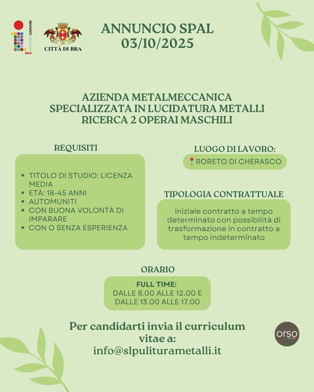 📢📢📢 ANNUNCIO SPAL 03/10/2025 – AZIENDA  SPECIALIZZATA IN LUCIDATURA DI METALLI